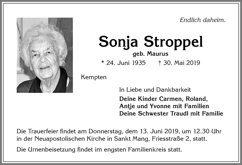 Traueranzeige von Sonja Stroppel von Allgäuer Zeitung,Kempten