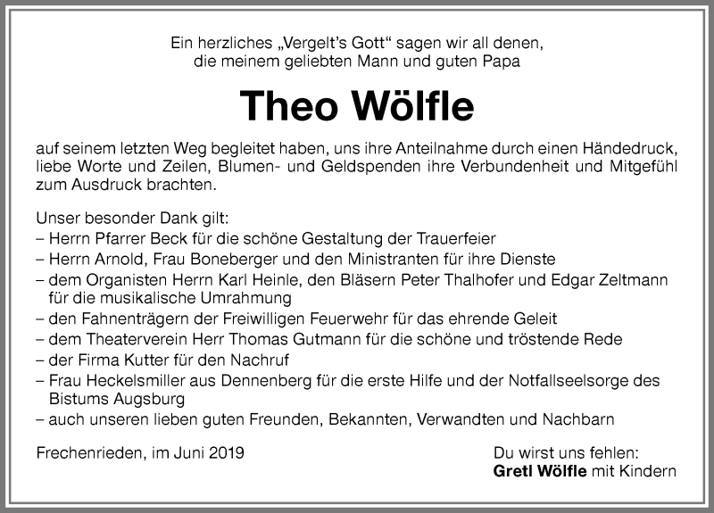 Traueranzeige von Theo Wölfle von Memminger Zeitung