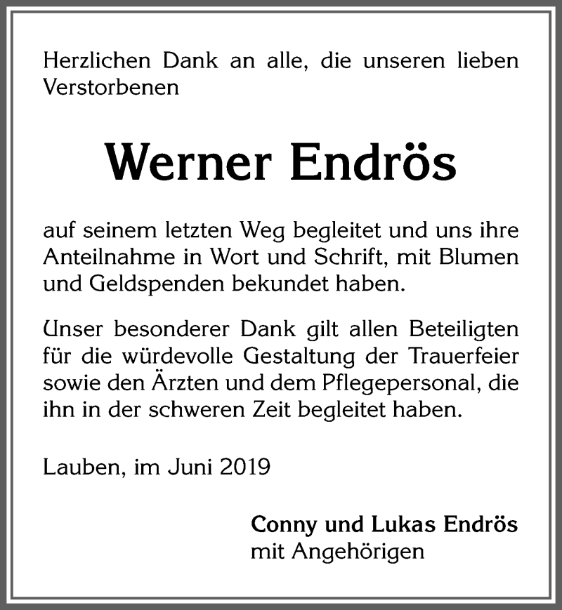 Traueranzeige von Werner Endrös von Allgäuer Zeitung,Kempten