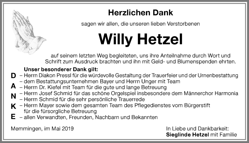 Traueranzeige von Willy Hetzel von Memminger Zeitung