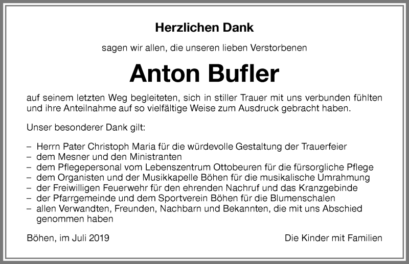 Traueranzeige von Anton Bufler von Memminger Zeitung