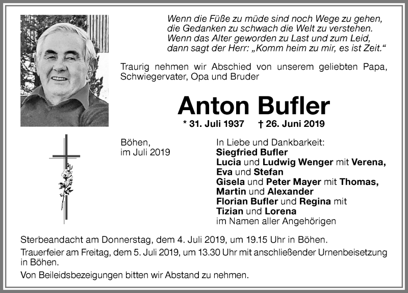 Traueranzeige von Anton Bufler von Memminger Zeitung