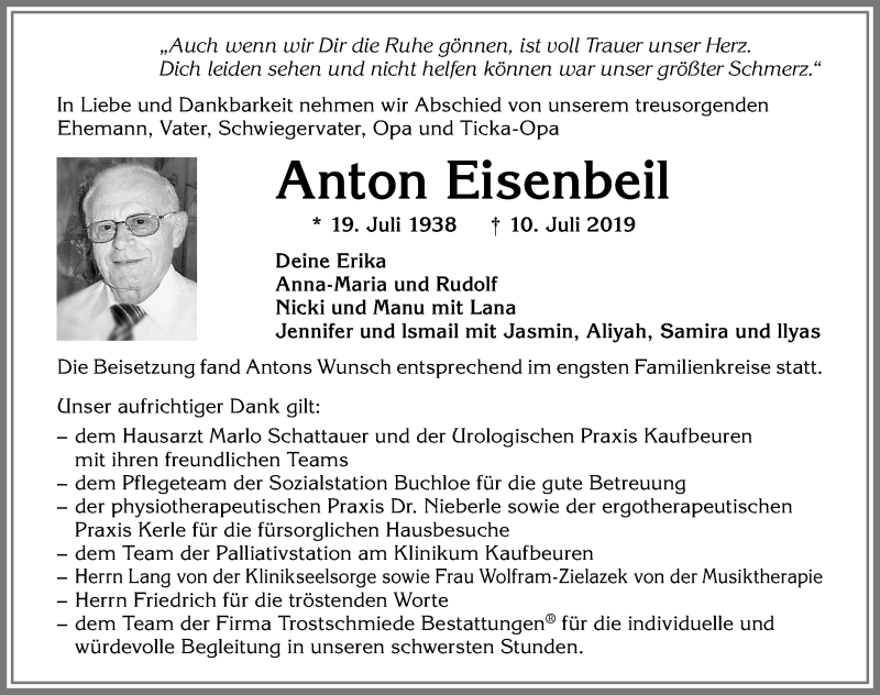 Traueranzeige von Anton Eisenbeil von Allgäuer Zeitung, Kaufbeuren/Buchloe