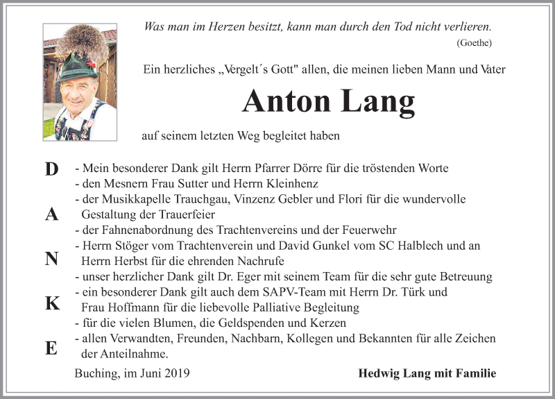 Traueranzeige von Anton Lang von Allgäuer Zeitung, Füssen