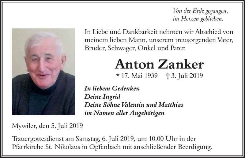 Traueranzeige von Anton Zanker von Der Westallgäuer