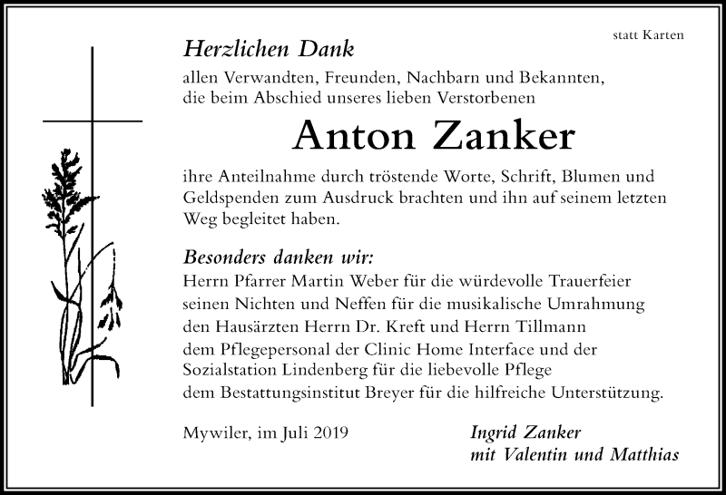 Traueranzeige von Anton Zanker von Der Westallgäuer