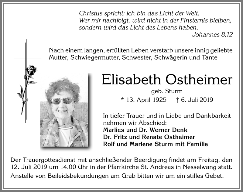 Traueranzeige von Elisabeth Ostheimer von Allgäuer Zeitung, Füssen