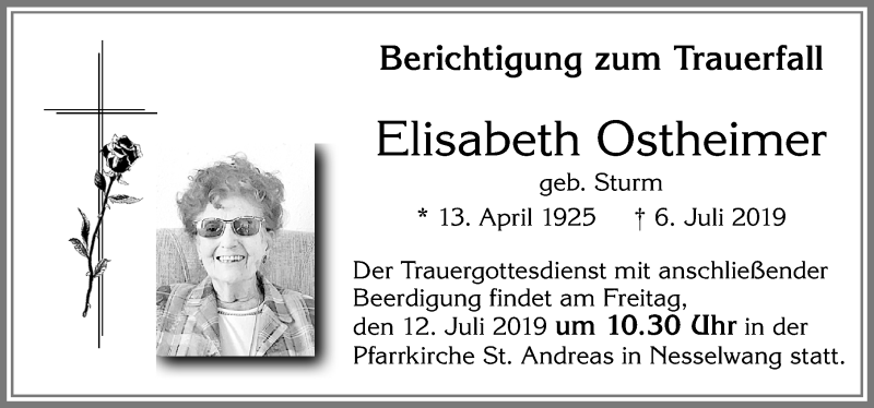 Traueranzeige von Elisabeth Ostheimer von Allgäuer Zeitung, Füssen