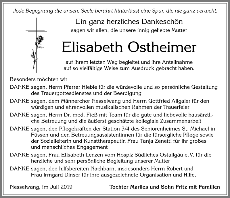 Traueranzeige von Elisabeth Ostheimer von Allgäuer Zeitung, Füssen