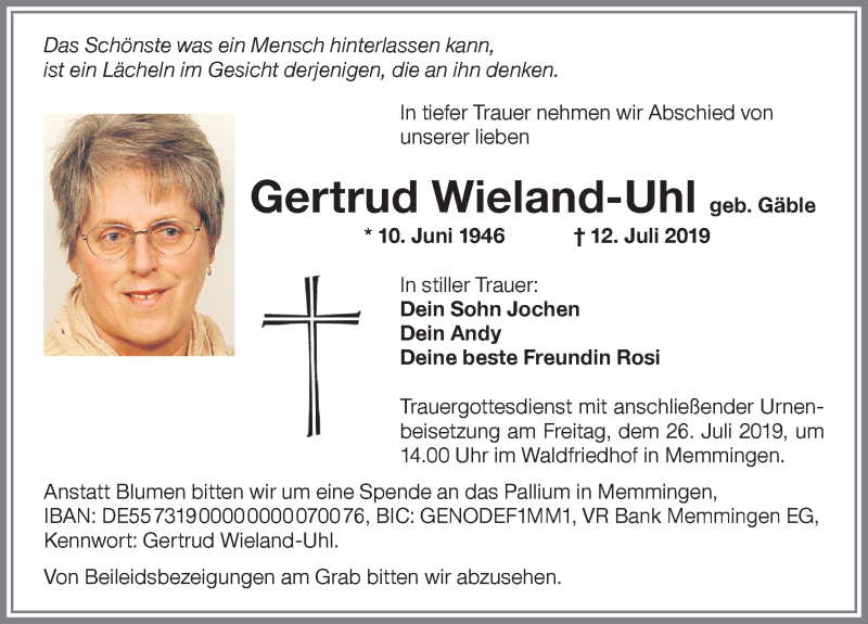 Traueranzeige von Gertrud Wieland-Uhl von Memminger Zeitung