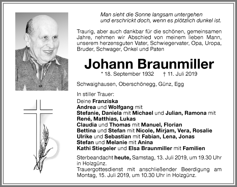 Traueranzeige von Johann Braunmiller von Memminger Zeitung