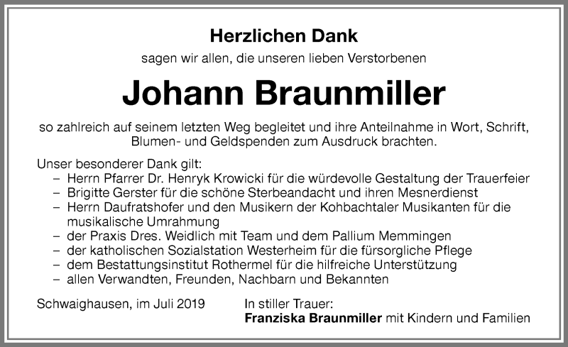 Traueranzeige von Johann Braunmiller von Memminger Zeitung