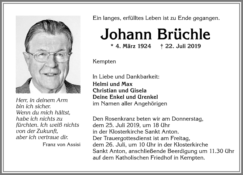 Traueranzeige von Johann Brüchle von Allgäuer Zeitung,Kempten