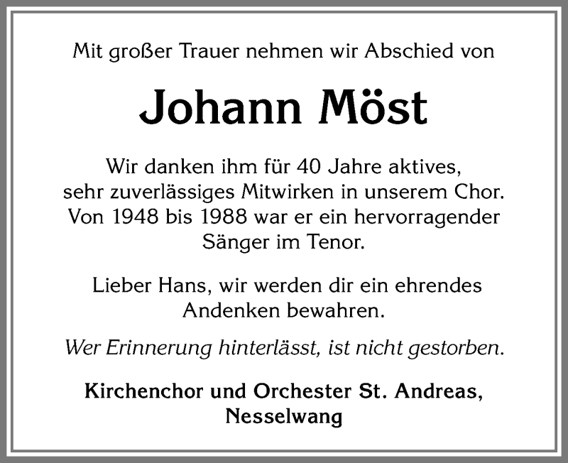 Traueranzeige von Johann Möst von Allgäuer Zeitung, Füssen