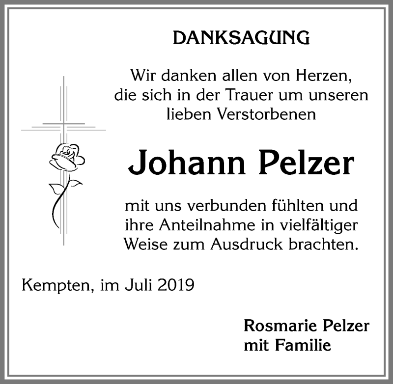 Traueranzeige von Johann Pelzer von Allgäuer Zeitung,Kempten