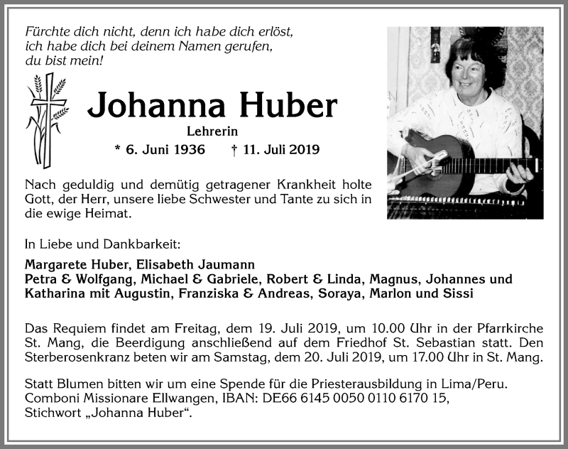 Traueranzeige von Johanna Huber von Allgäuer Zeitung, Füssen