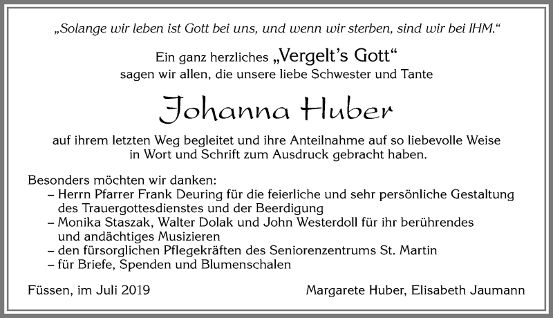 Traueranzeige von Johanna Huber von Allgäuer Zeitung, Füssen