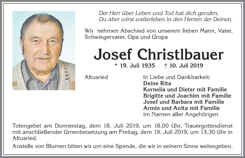 Traueranzeige von Josef Christlbauer von Allgäuer Zeitung,Kempten