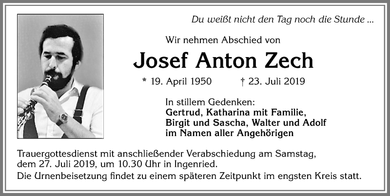 Traueranzeige von Josef Anton Zech von Allgäuer Zeitung, Kaufbeuren/Buchloe