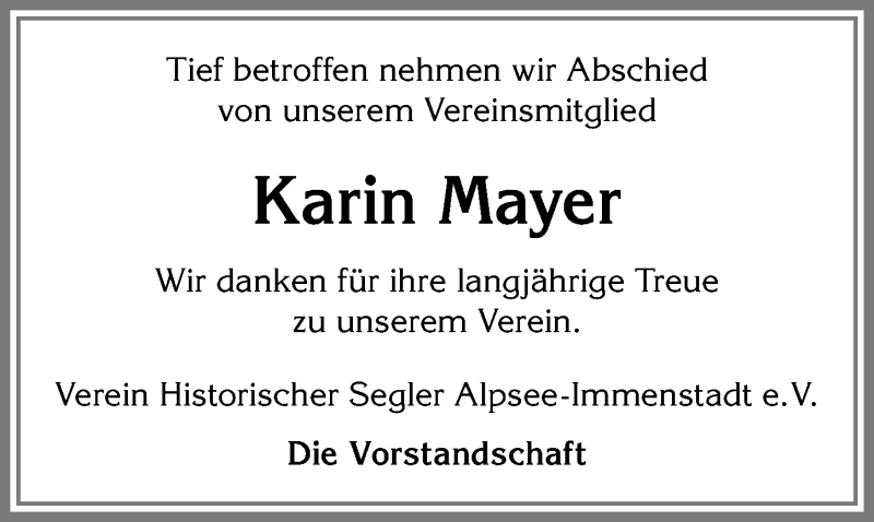 Traueranzeige von Karin Mayer von Allgäuer Anzeigeblatt