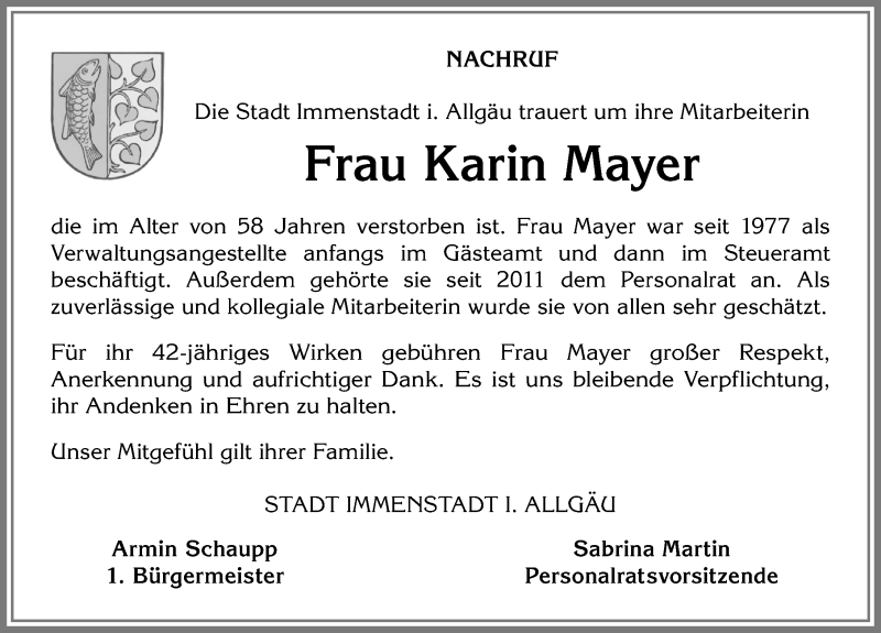 Traueranzeige von Karin Mayer von Allgäuer Anzeigeblatt