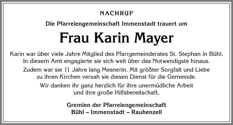 Traueranzeige von Karin Mayer von Allgäuer Anzeigeblatt