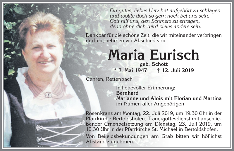 Traueranzeige von Maria Eurisch von Allgäuer Zeitung, Marktoberdorf