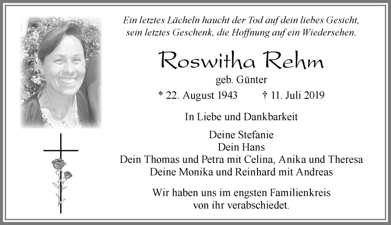 Traueranzeige von Roswitha Rehm von Allgäuer Zeitung, Füssen