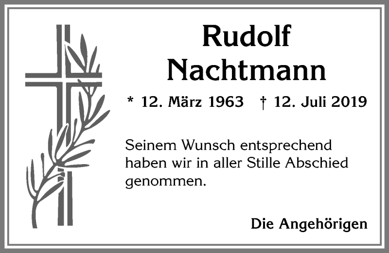 Traueranzeige von Rudolf Nachtmann von Allgäuer Anzeigeblatt