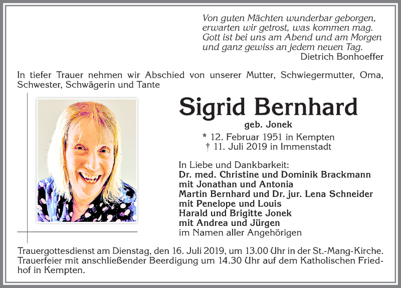 Traueranzeige von Sigrid Bernhard von Allgäuer Zeitung,Kempten