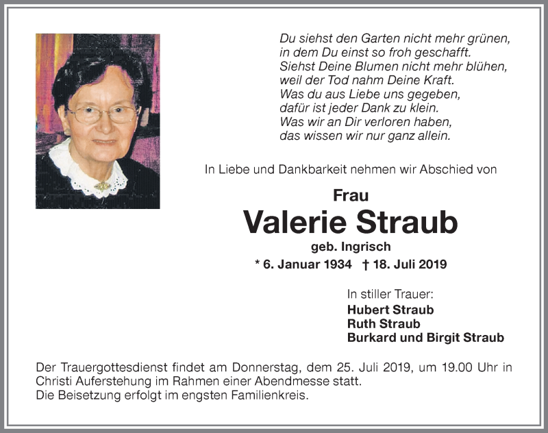 Traueranzeige von Valerie Straub von Memminger Zeitung