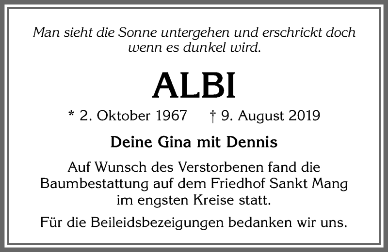 Traueranzeige von Albi  von Allgäuer Zeitung,Kempten