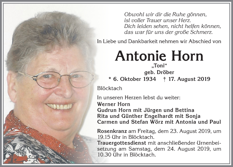 Traueranzeige von Antonie Horn von Allgäuer Zeitung, Kaufbeuren/Buchloe