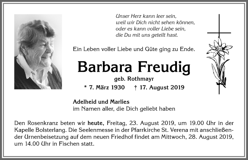 Traueranzeige von Barbara Freudig von Allgäuer Anzeigeblatt