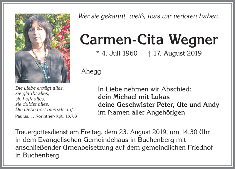 Traueranzeige von Carmen-Cita Wegner von Allgäuer Zeitung,Kempten