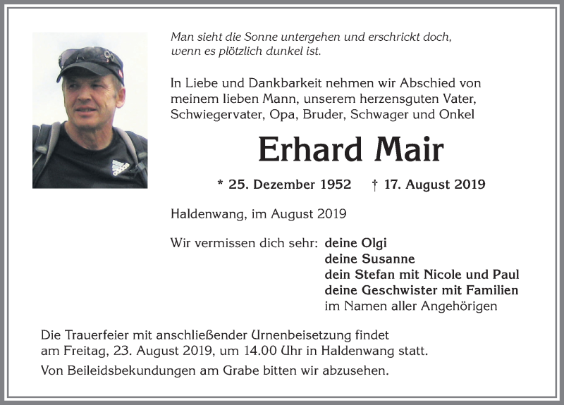 Traueranzeige von Erhard Mair von Allgäuer Zeitung,Kempten