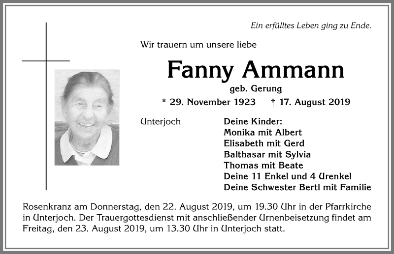 Traueranzeige von Fanny Ammann von Allgäuer Anzeigeblatt