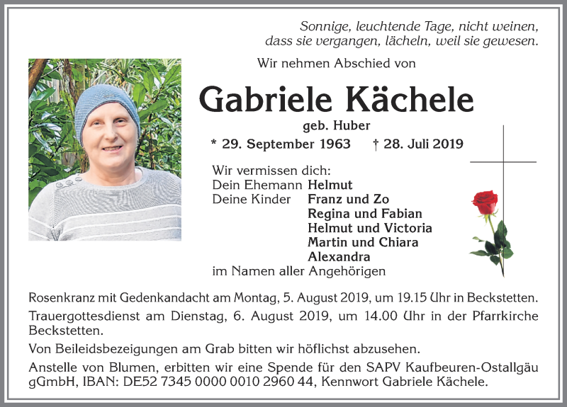 Traueranzeige von Gabriele Kächele von Allgäuer Zeitung, Kaufbeuren/Buchloe