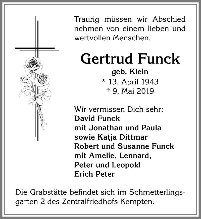 Traueranzeige von Gertrud Funck von Allgäuer Zeitung,Kempten