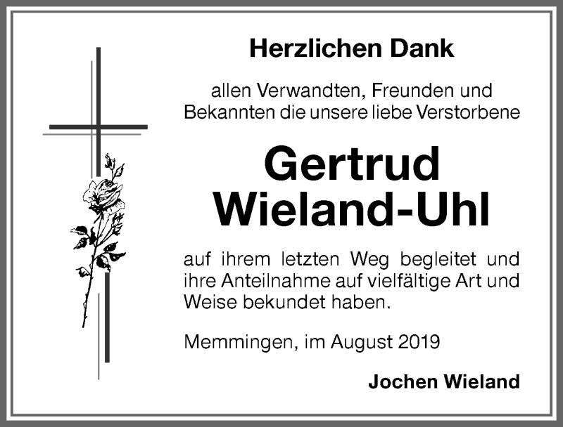 Traueranzeige von Gertrud Wieland-Uhl von Memminger Zeitung