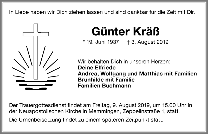  Traueranzeige für Günter Kräß vom 07.08.2019 aus Memminger Zeitung