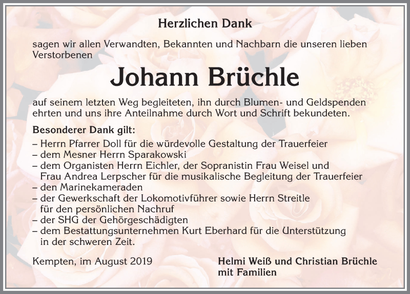 Traueranzeige von Johann Brüchle von Allgäuer Zeitung,Kempten