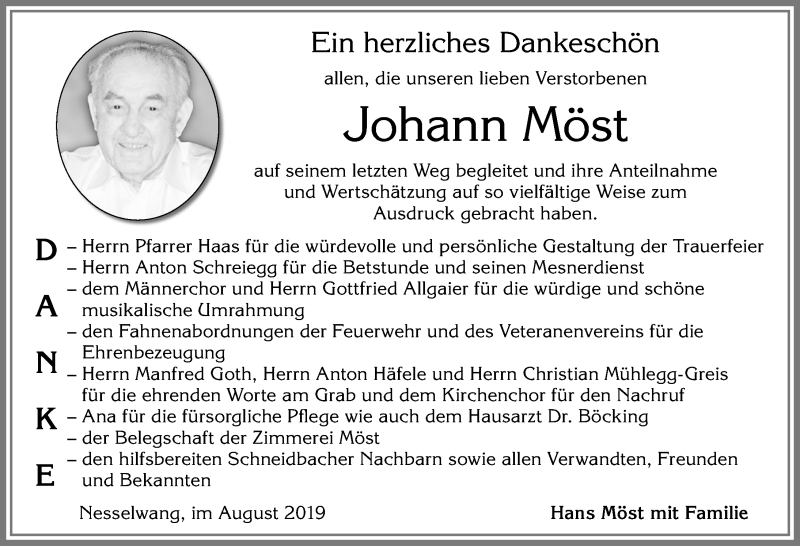 Traueranzeige von Johann Möst von Allgäuer Zeitung, Füssen