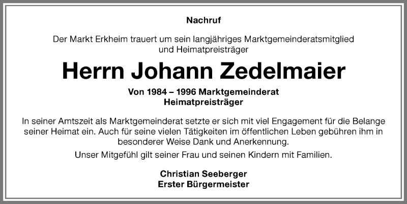 Traueranzeige von Johann Zedelmaier von Memminger Zeitung