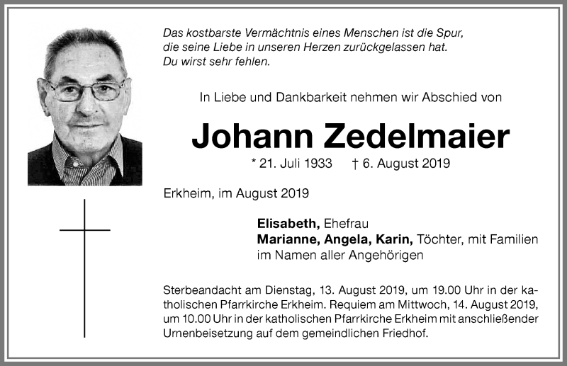 Traueranzeige von Johann Zedelmaier von Memminger Zeitung