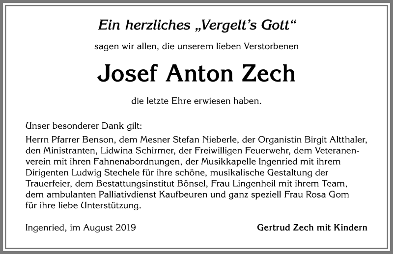 Traueranzeige von Josef Anton Zech von Allgäuer Zeitung, Kaufbeuren/Buchloe