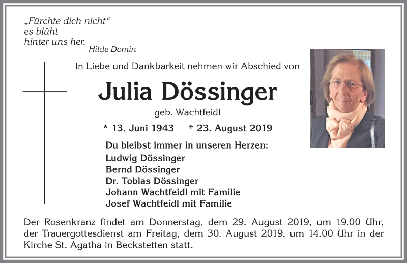 Traueranzeige von Julia Dössinger von Allgäuer Zeitung, Kaufbeuren/Buchloe