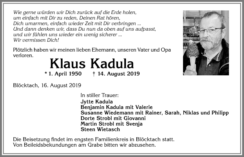 Traueranzeige von Klaus Kadula von Allgäuer Zeitung, Kaufbeuren/Buchloe