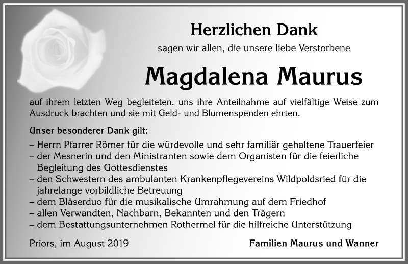 Traueranzeige von Magdalena Maurus von Allgäuer Zeitung,Kempten