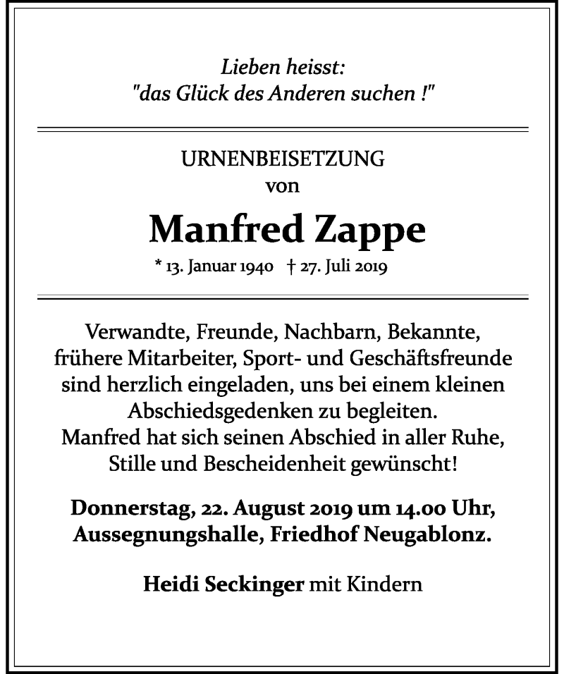 Traueranzeige von Manfred Zappe von Allgäuer Zeitung, Kaufbeuren/Buchloe